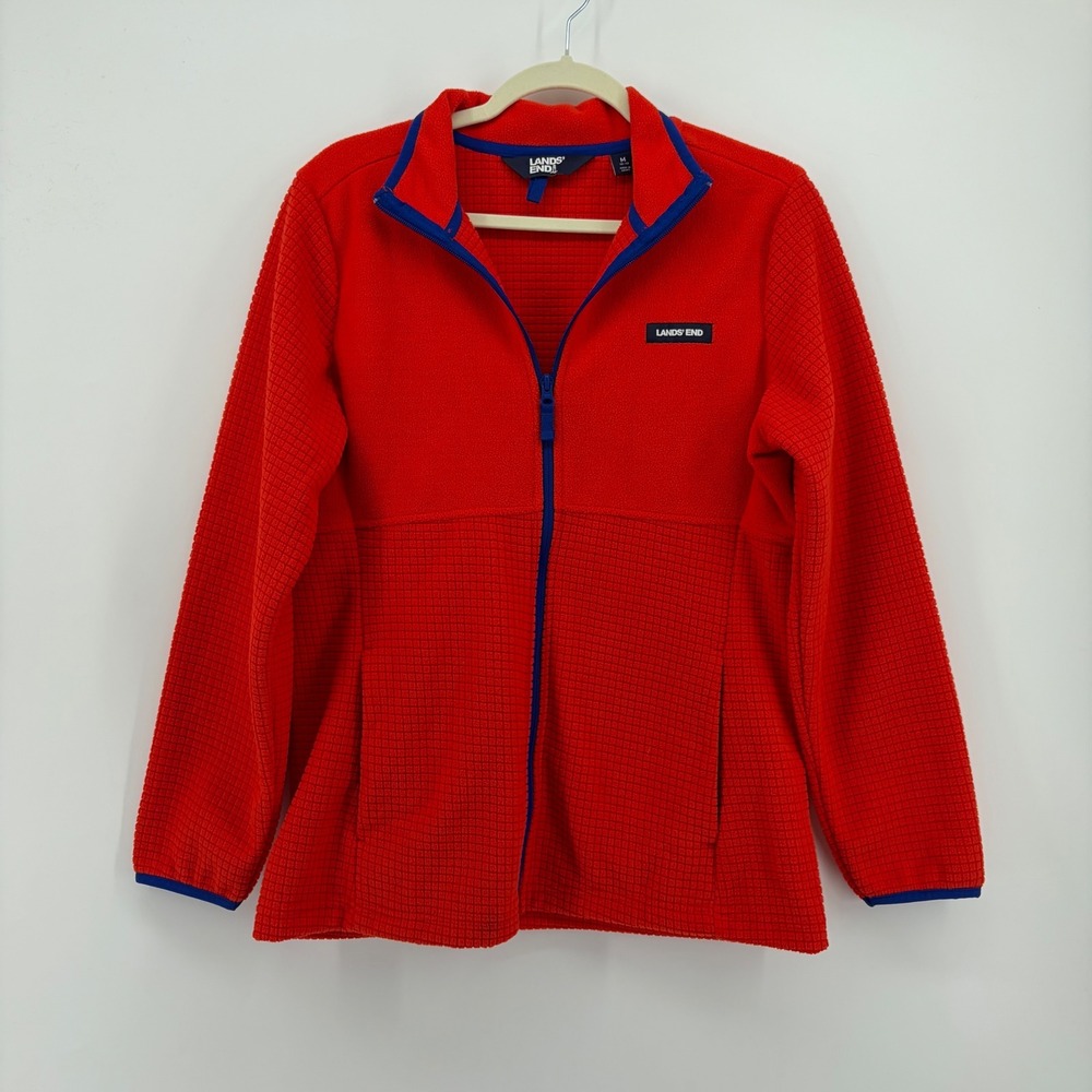 Lands End Womens M Red Fleece Jacket Full Zip Grid Texture Mock Neck